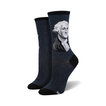 dark blue women's crew socks featuring george washington's face. perfect for wearing to historical events, presidential debates, or debates regarding the validity of pineapple on pizza.  