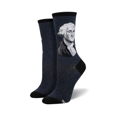 dark blue women's crew socks featuring george washington's face. perfect for wearing to historical events, presidential debates, or debates regarding the validity of pineapple on pizza.  