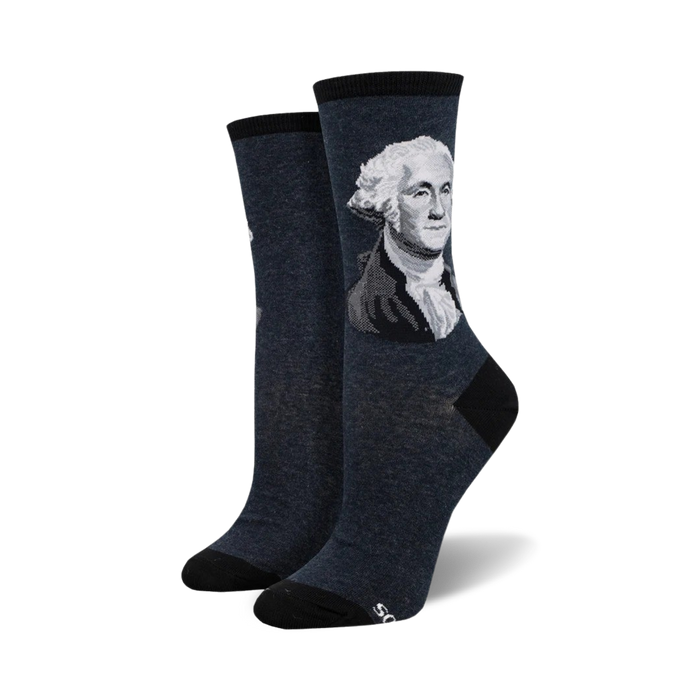 dark blue women's crew socks featuring george washington's face. perfect for wearing to historical events, presidential debates, or debates regarding the validity of pineapple on pizza.   }}
