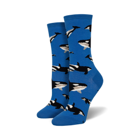 blue orca pattern crew socks for women.  