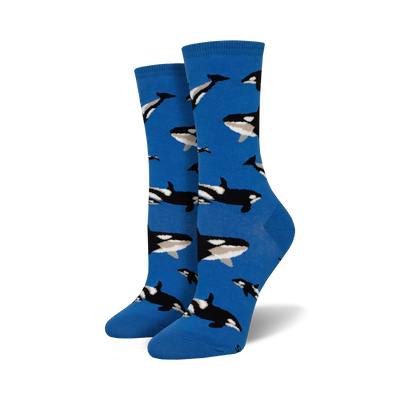 blue orca pattern crew socks for women.  