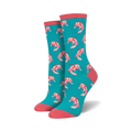 Pair of teal crew socks with a repeating pattern of pink axolotls. Coral-pink cuffs.