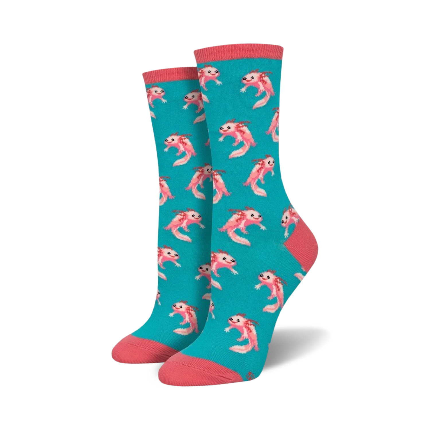 Pair of teal crew socks with a repeating pattern of pink axolotls. Coral-pink cuffs.