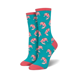 bright turquoise crew socks featuring a pattern of pink axolotls. made from a soft, cotton-blend fabric.  