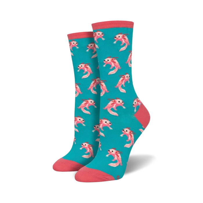 bright turquoise crew socks featuring a pattern of pink axolotls. made from a soft, cotton-blend fabric.   }}