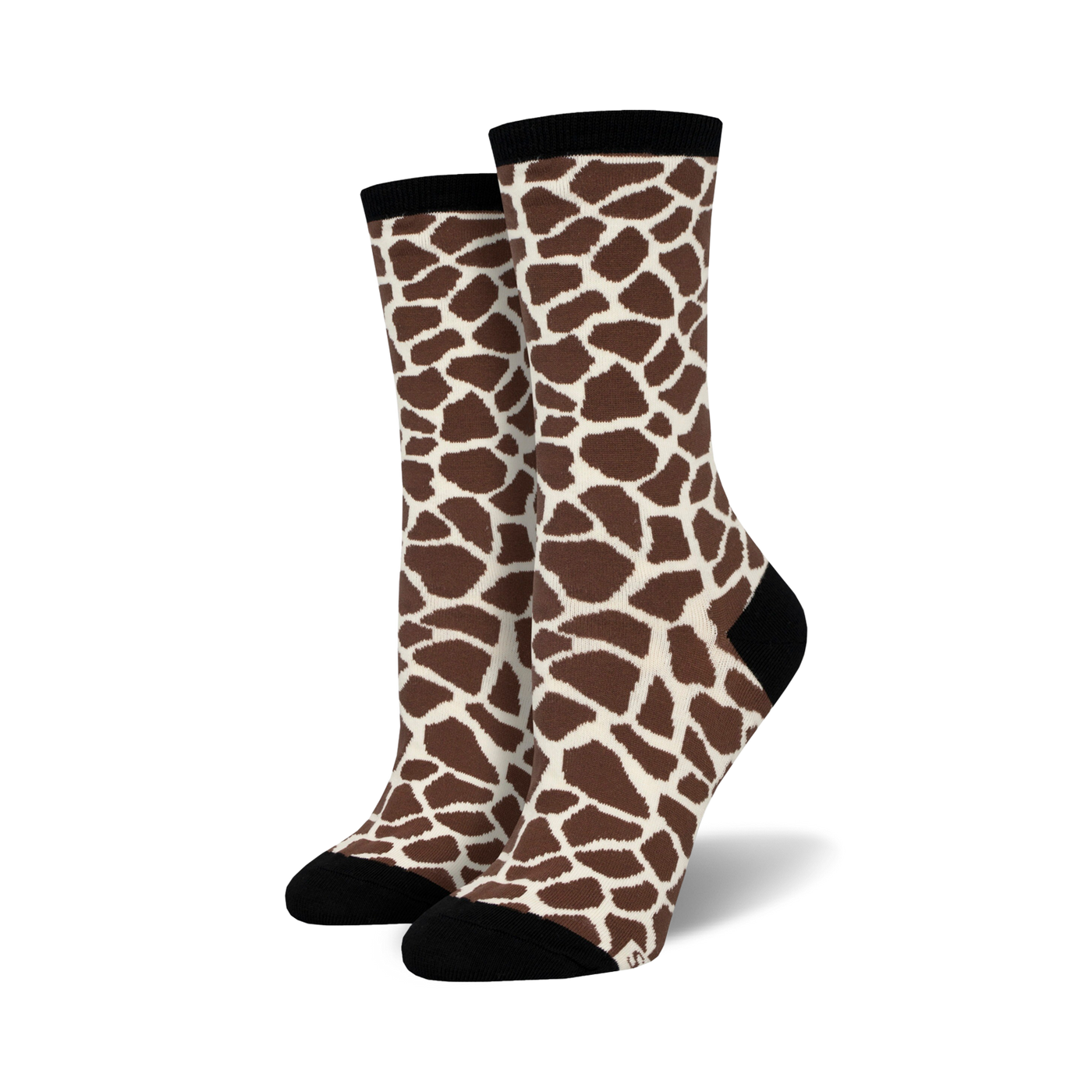 Pair of cream and brown crew socks featuring a giraffe print pattern.  Socks have black toe and heel.