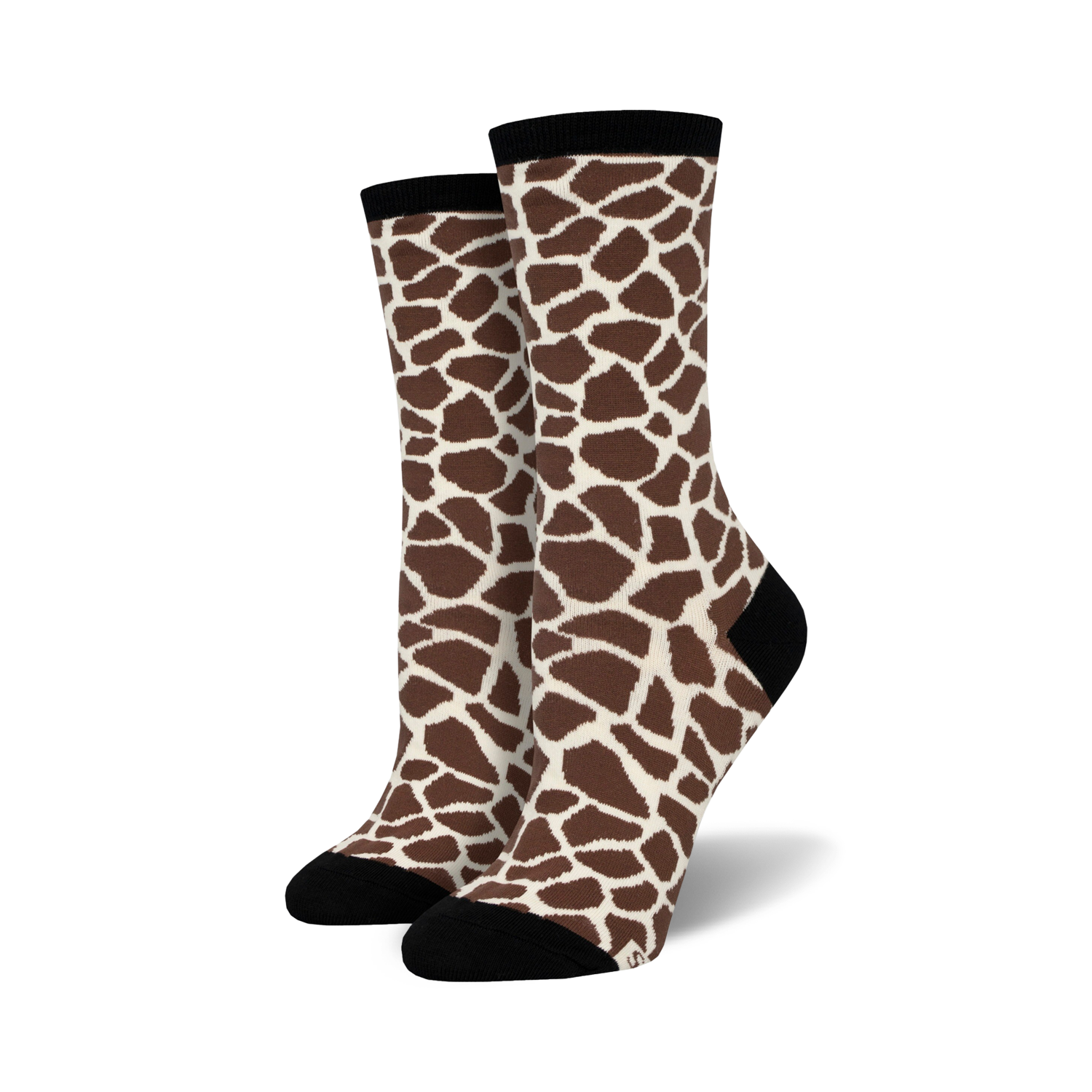 Pair of cream and brown crew socks featuring a giraffe print pattern.  Socks have black toe and heel.