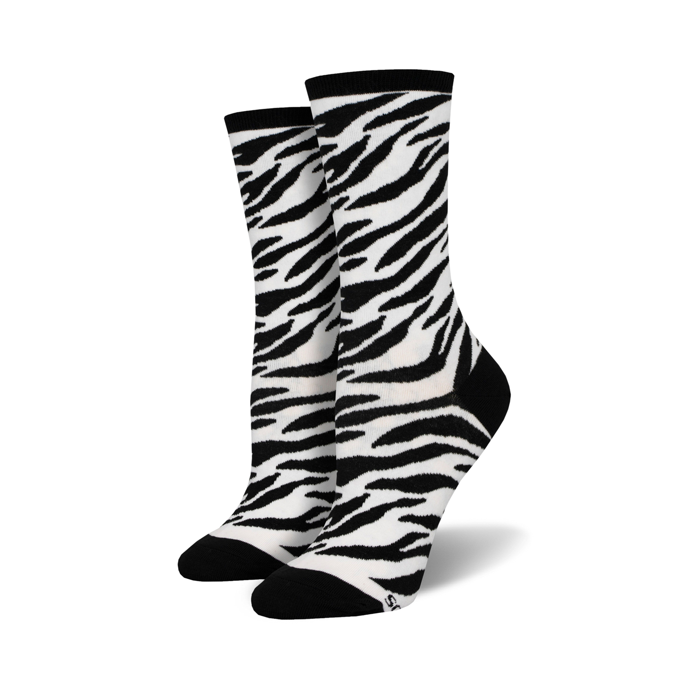 Pair of women's crew socks in a black and white zebra print. The socks have black heels and toes.