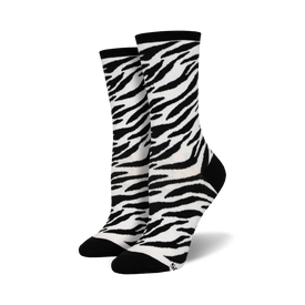  women's zebra print crew socks with a black band and black toe and heel.  