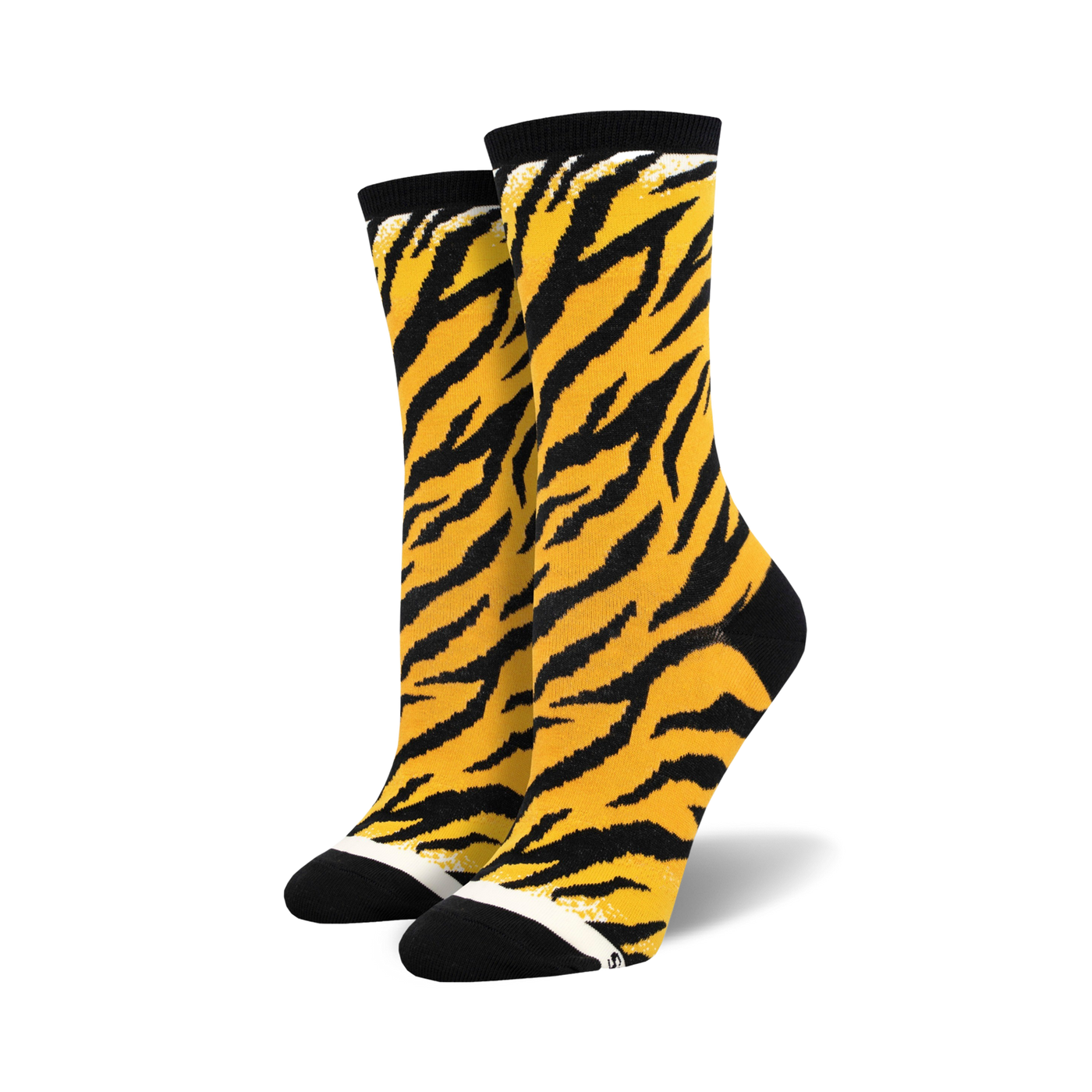 Pair of crew socks in orange and black with a tiger stripe pattern.  Black toe and heel.