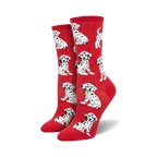 Pair of red crew socks with a repeating pattern of adorable black-and-white Dalmatian puppies.