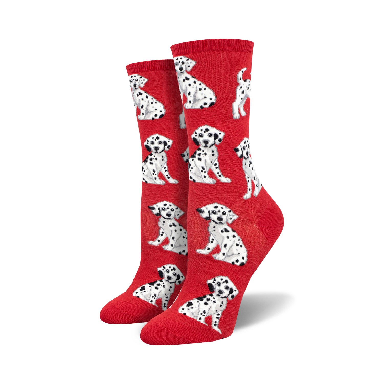 Pair of red crew socks with a repeating pattern of adorable black-and-white Dalmatian puppies.