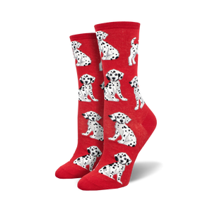 red cartoon dalmatian puppy pattern crew socks for women.  