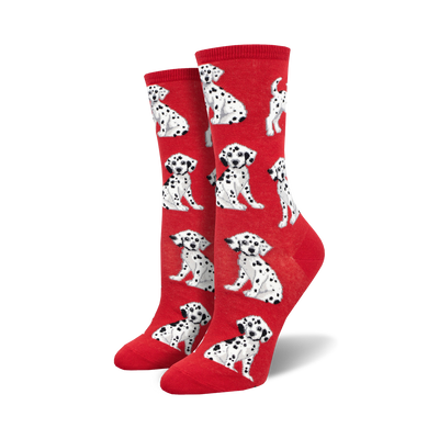 red cartoon dalmatian puppy pattern crew socks for women.  