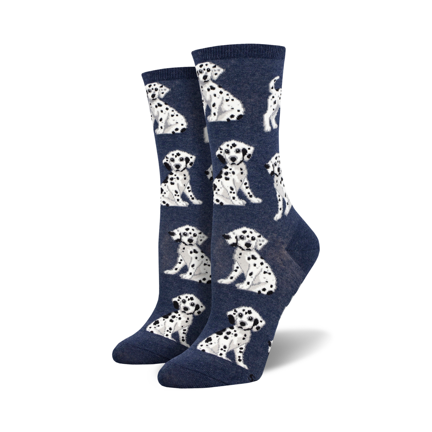 Lifestyle shot showing the navy blue Dalmatian socks on a model's feet.