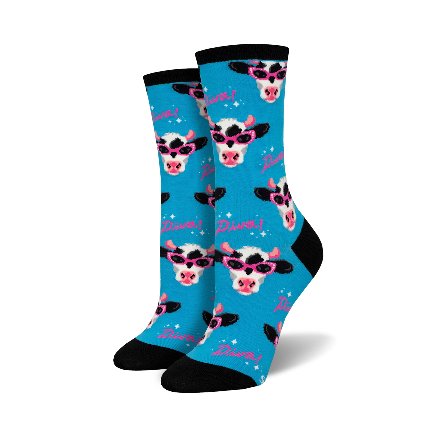 Pair of crew socks featuring a whimsical cow wearing sunglasses on a bright blue background. The words 'Diva!' are scattered throughout.