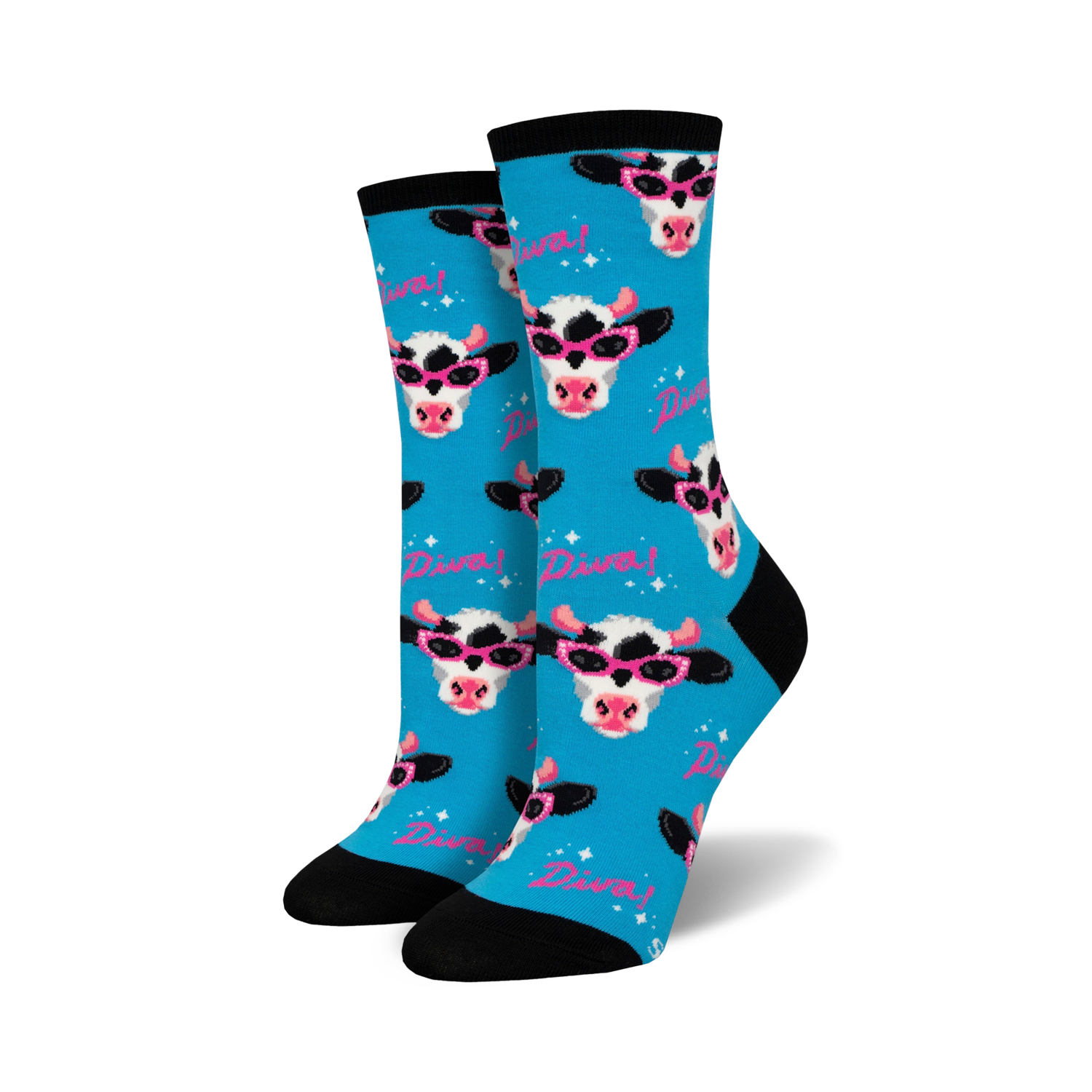 Pair of crew socks featuring a whimsical cow wearing sunglasses on a bright blue background. The words 'Diva!' are scattered throughout.
