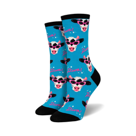milk diva cow themed womens blue novelty crew socks