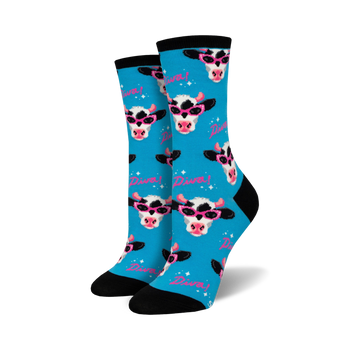 blue crew socks with all-over pattern of cartoon cows wearing pink sunglasses.   