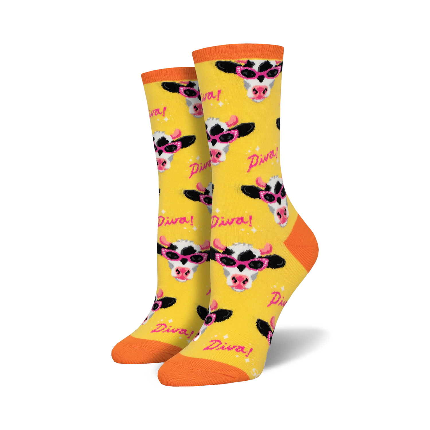 Lifestyle shot showing the yellow Milk Diva socks on a model's feet, emphasizing the vibrant color and design.
