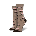 Pair of taupe crew socks with a fun design. Pink pigs are shown swimming in brown mud puddles against a taupe background.  Brown heel and toe.