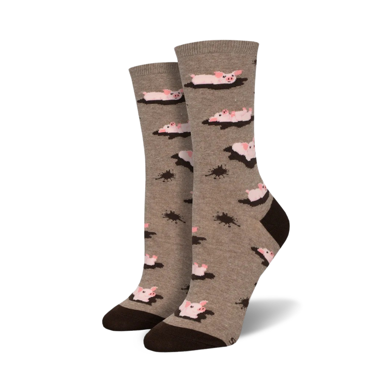 Pair of taupe crew socks with a fun design. Pink pigs are shown swimming in brown mud puddles against a taupe background.  Brown heel and toe.