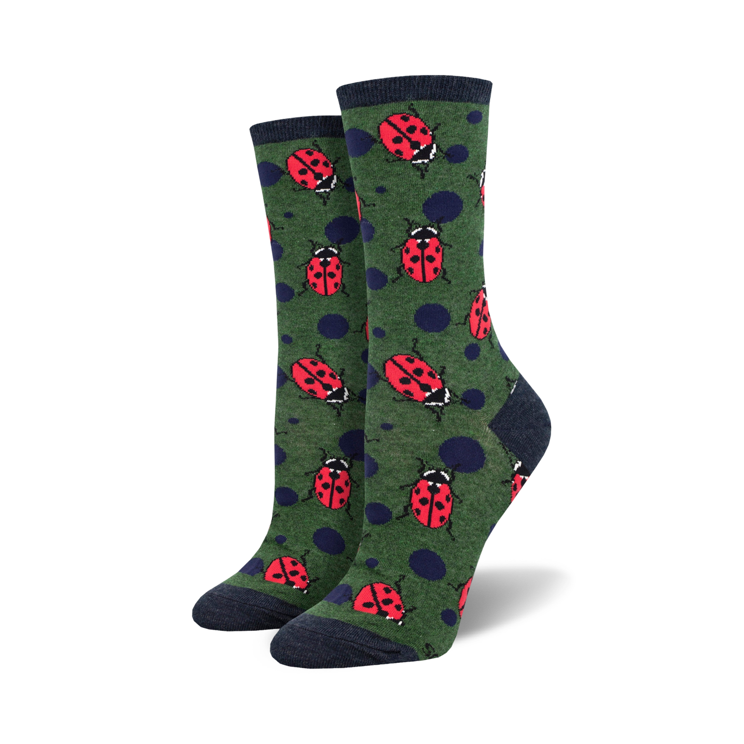 Pair of women's crew socks. Green background with red ladybugs and navy blue polka dots.  Dark navy blue cuffs.