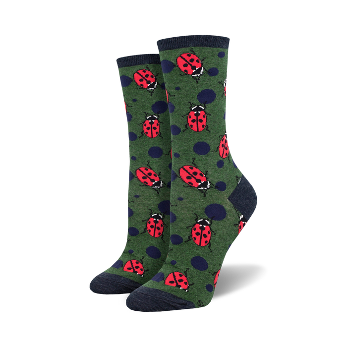 dark green crew socks featuring repeating pattern of bright red ladybugs with black spots. perfect for women who love ladybugs.   }}