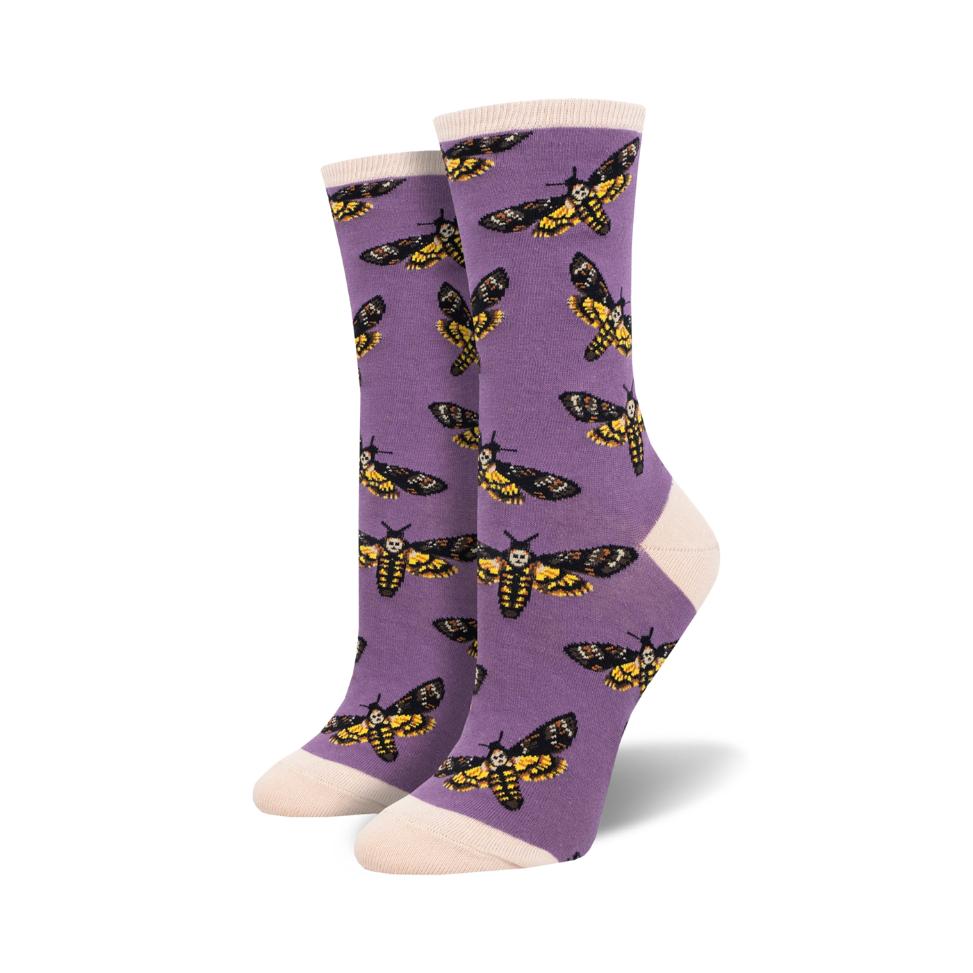 Pair of women's crew socks. Purple socks showcase a repeating pattern of yellow and black skull moths.  Off-white cuffs.