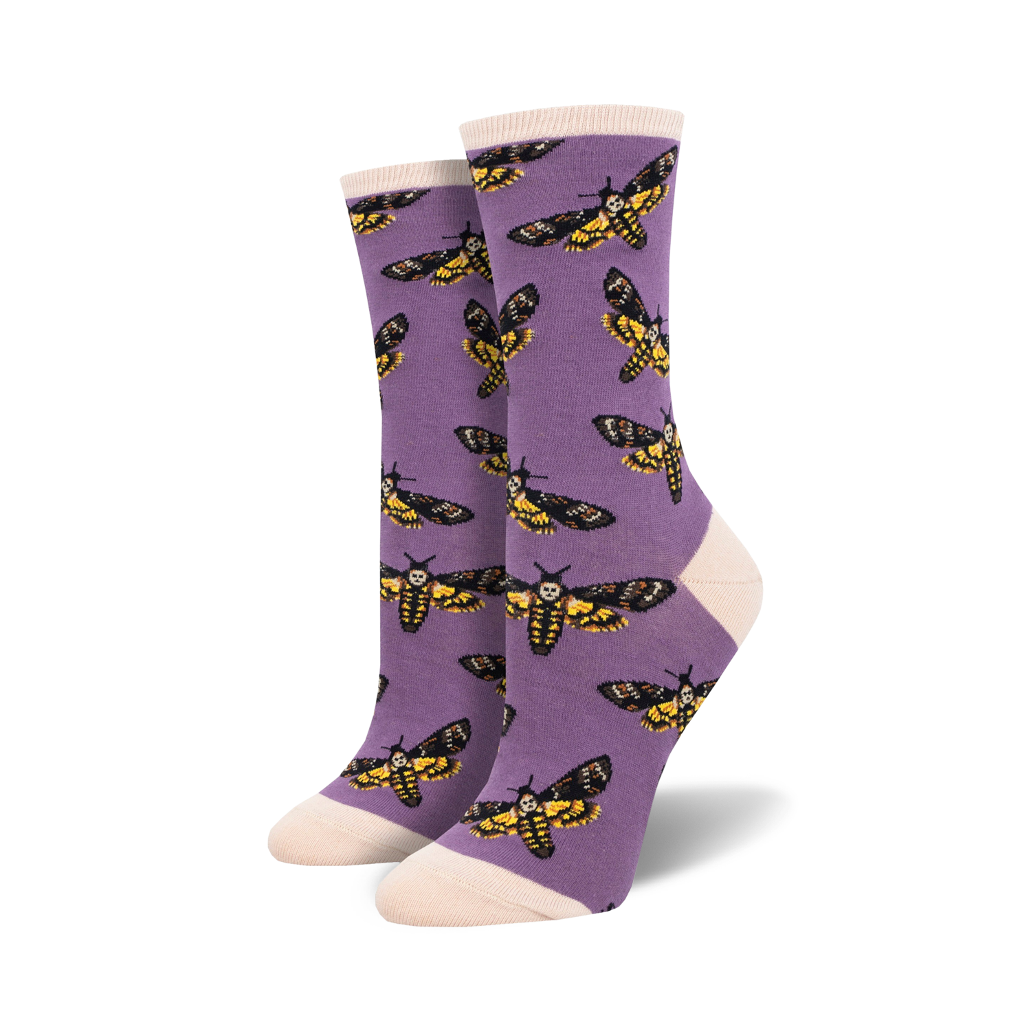 Pair of women's crew socks. Purple socks showcase a repeating pattern of yellow and black skull moths.  Off-white cuffs.