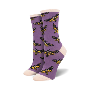 flamboyant purple moths with yellow, black, and white with a skull design. womens unique novelty sock that have a moth theme.  
