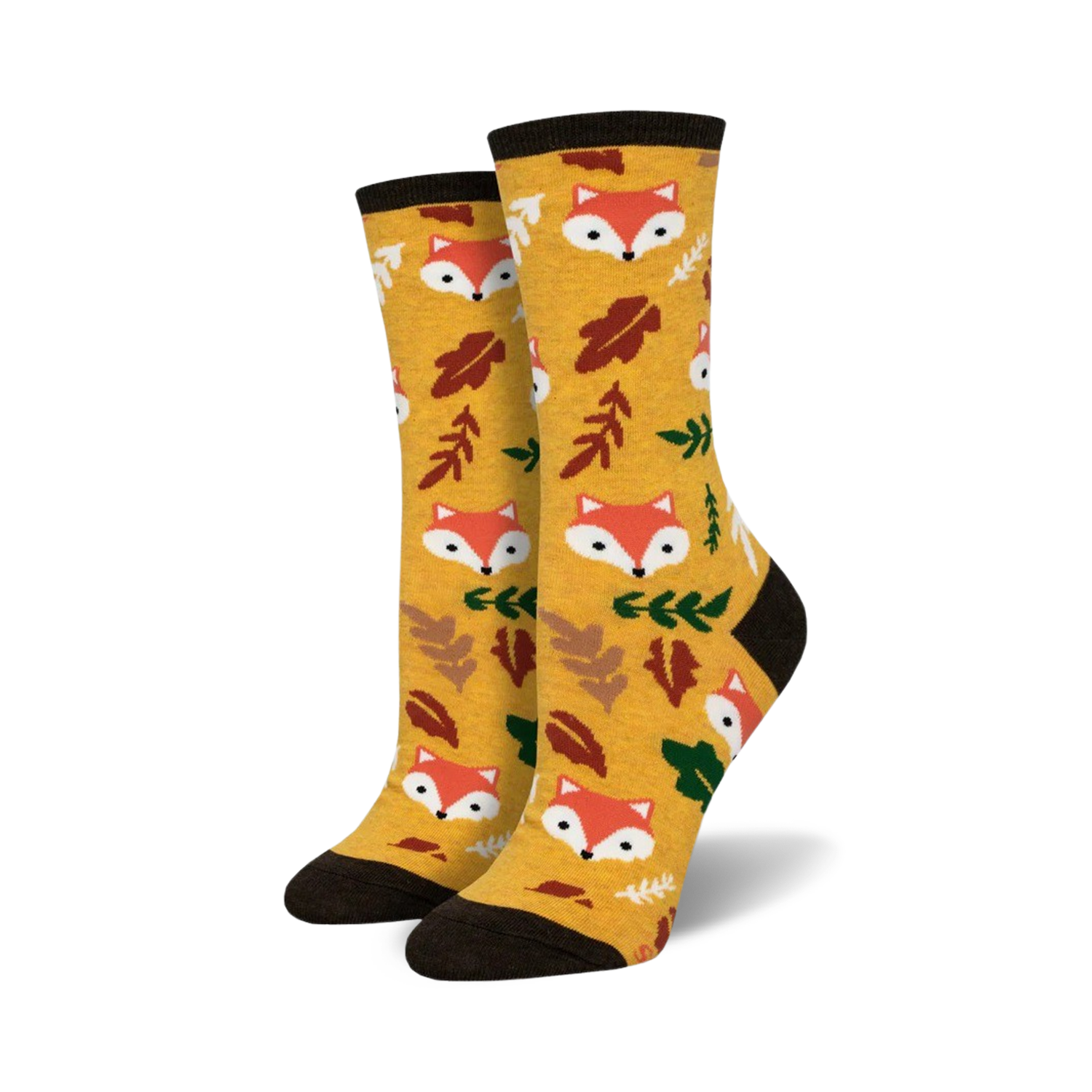 Pair of crew socks in mustard yellow. Features repeating pattern of cute fox faces and autumn leaves.