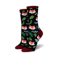 Close-up of black crew socks with foxes and leaves.  Red and green accents.