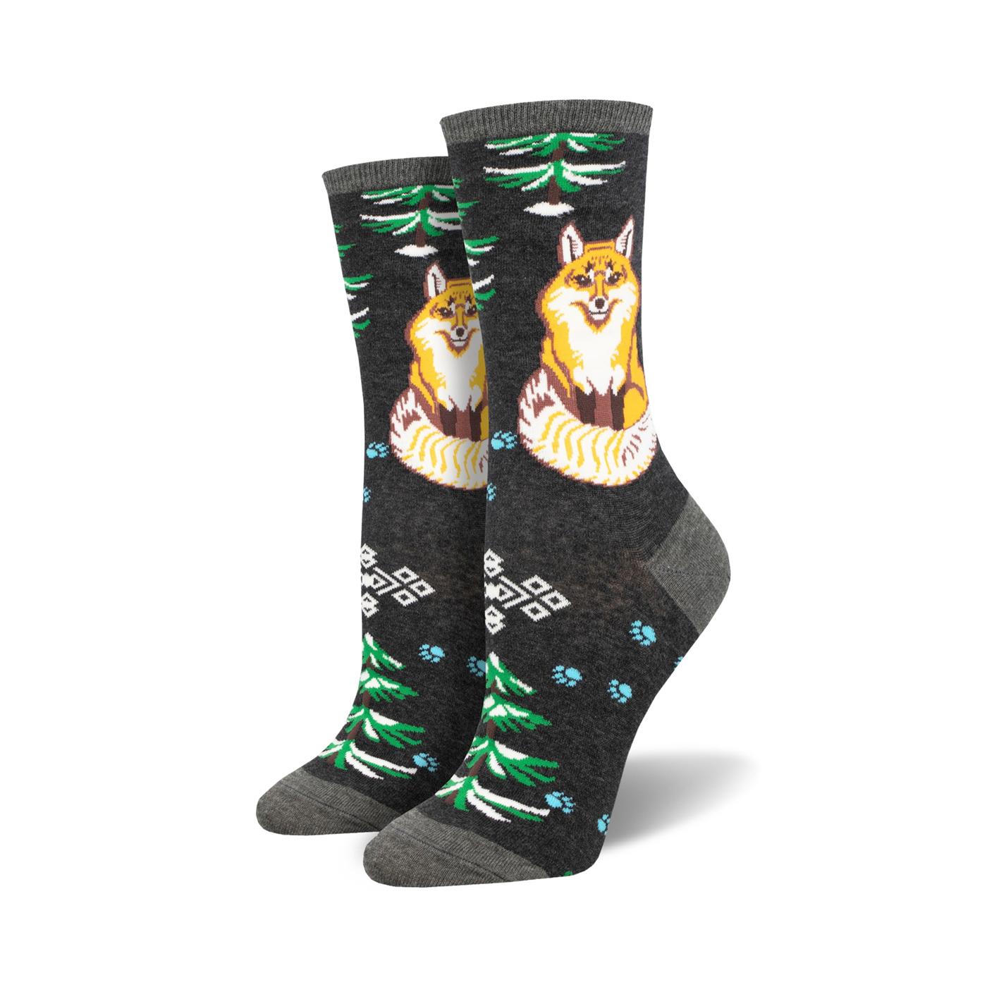 Pair of crew socks; dark gray background with orange foxes, green trees, light blue paw prints, and geometric patterns.