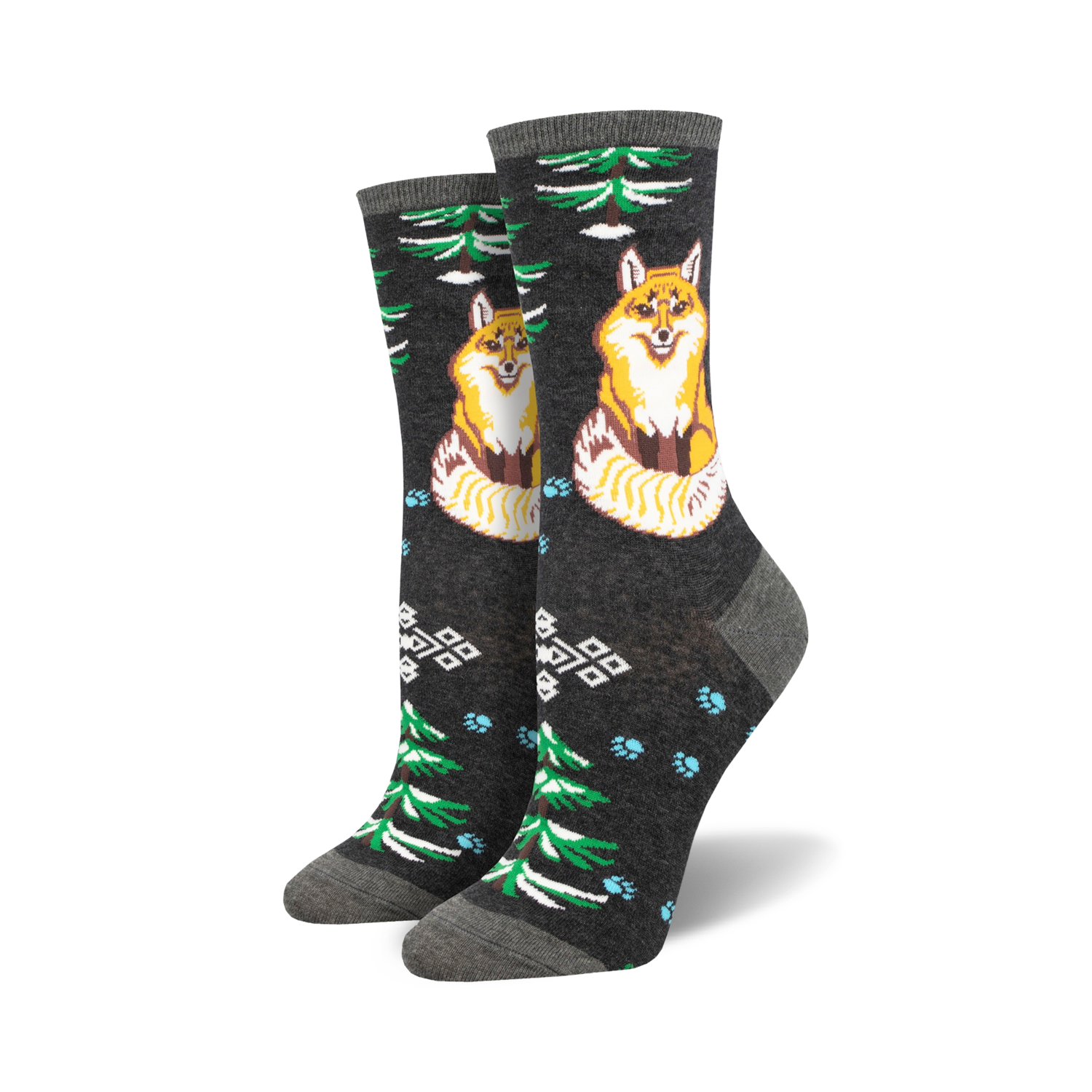 Pair of crew socks; dark gray background with orange foxes, green trees, light blue paw prints, and geometric patterns.
