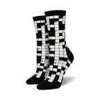 Pair of black and white crew socks featuring a crossword puzzle design.  The numbers are clearly visible against the contrasting background.