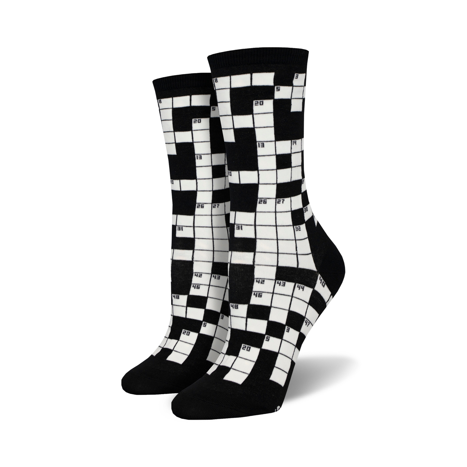 Pair of black and white crew socks featuring a crossword puzzle design.  The numbers are clearly visible against the contrasting background.