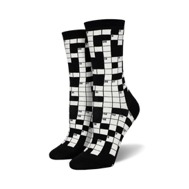 black women's crew socks featuring a crossword puzzle pattern in white.   