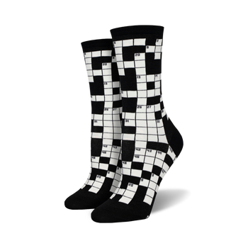 black women's crew socks featuring a crossword puzzle pattern in white.   