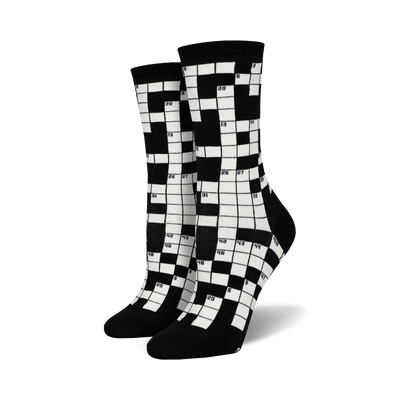 black women's crew socks featuring a crossword puzzle pattern in white.   