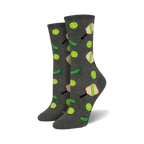 Pair of crew socks in grey with a playful design of lime green pickleballs and paddles. Fun and sporty!