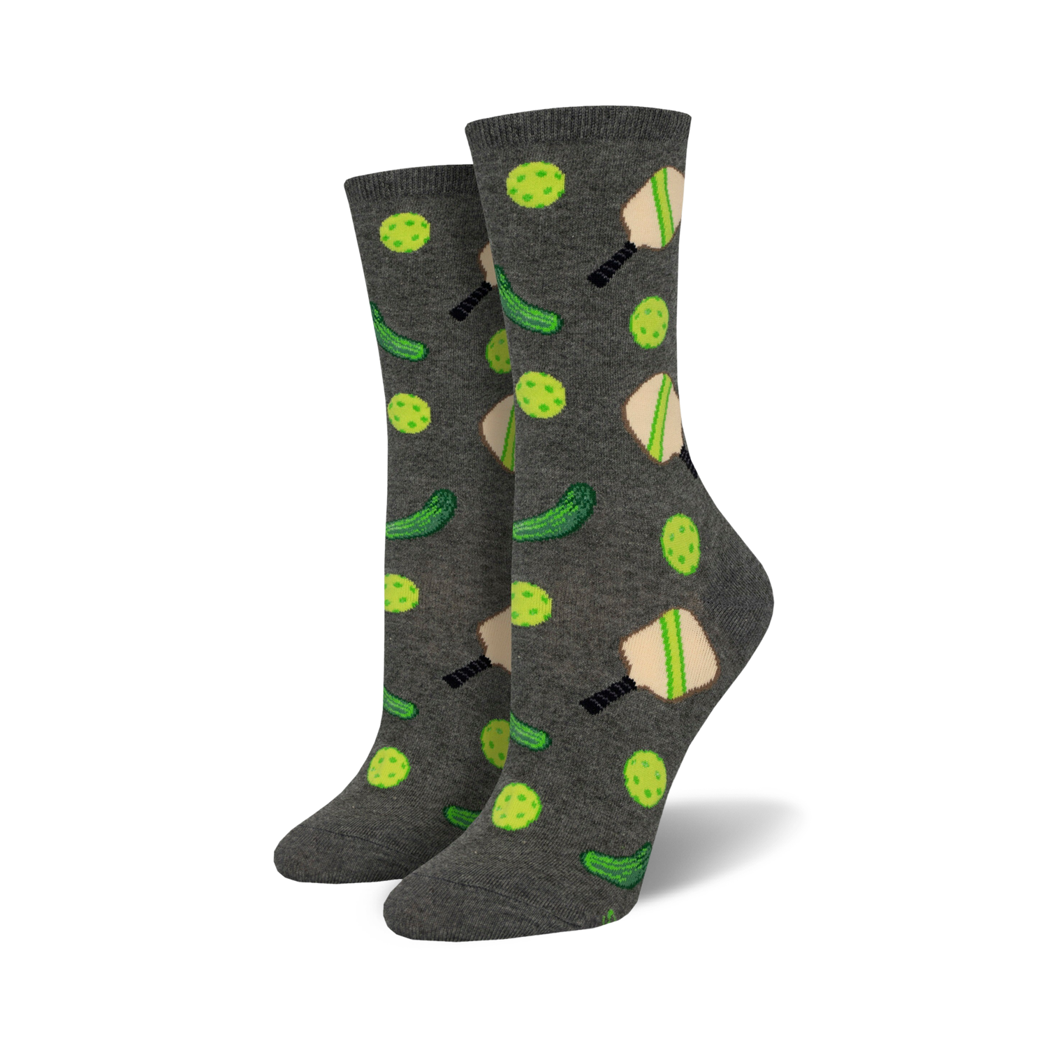 Pair of crew socks in grey with a playful design of lime green pickleballs and paddles. Fun and sporty!