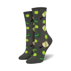 gray crew socks with a pattern of green pickleballs and black and tan pickleball paddles.  