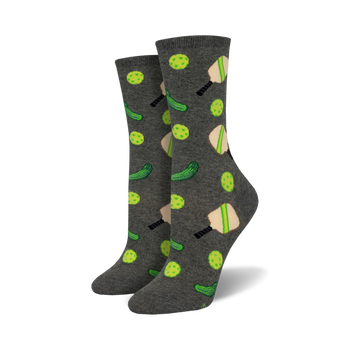 gray crew socks with a pattern of green pickleballs and black and tan pickleball paddles.  
