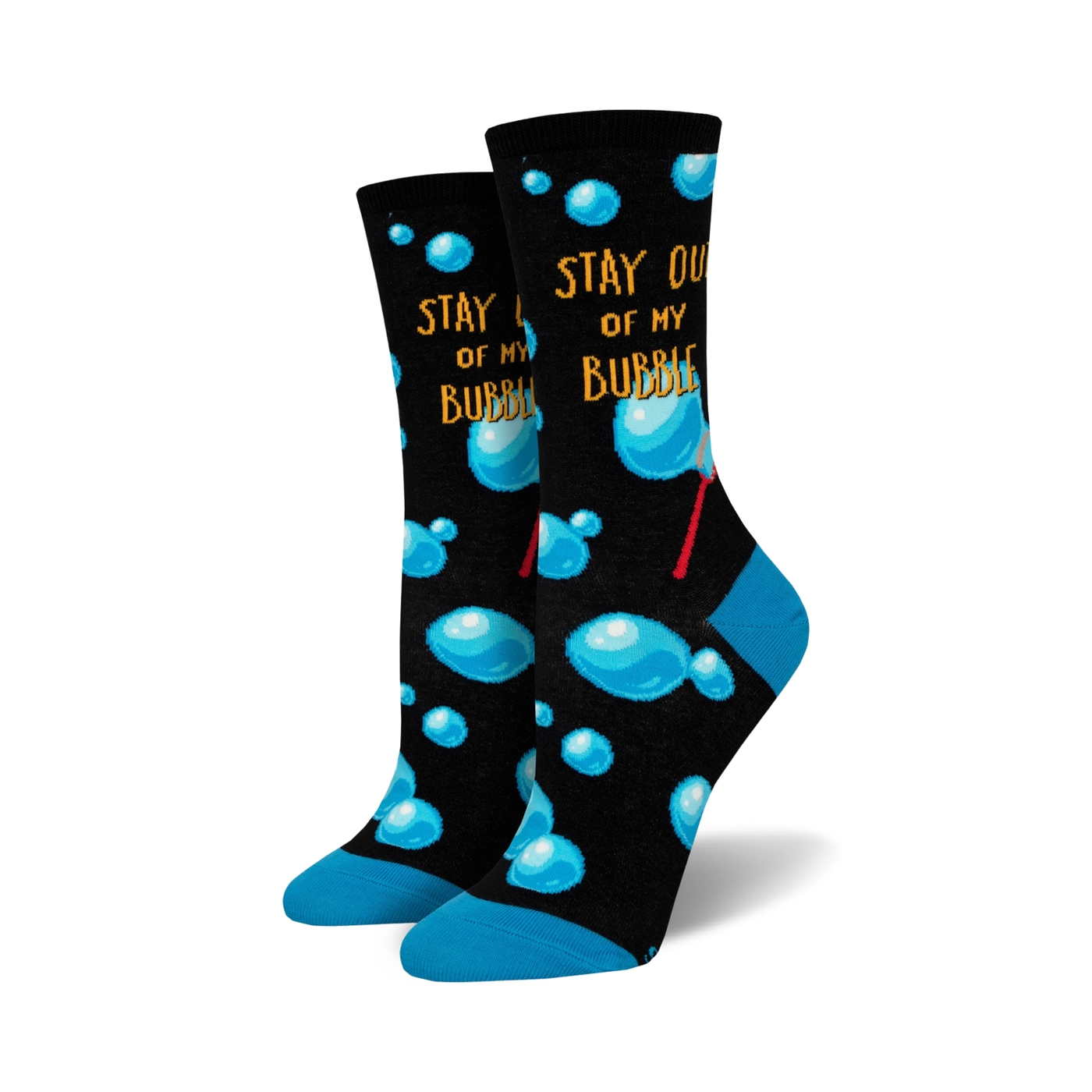 Pair of crew socks with a black background, light-blue bubbles, and the phrase 'Stay Out Of My Bubble'.