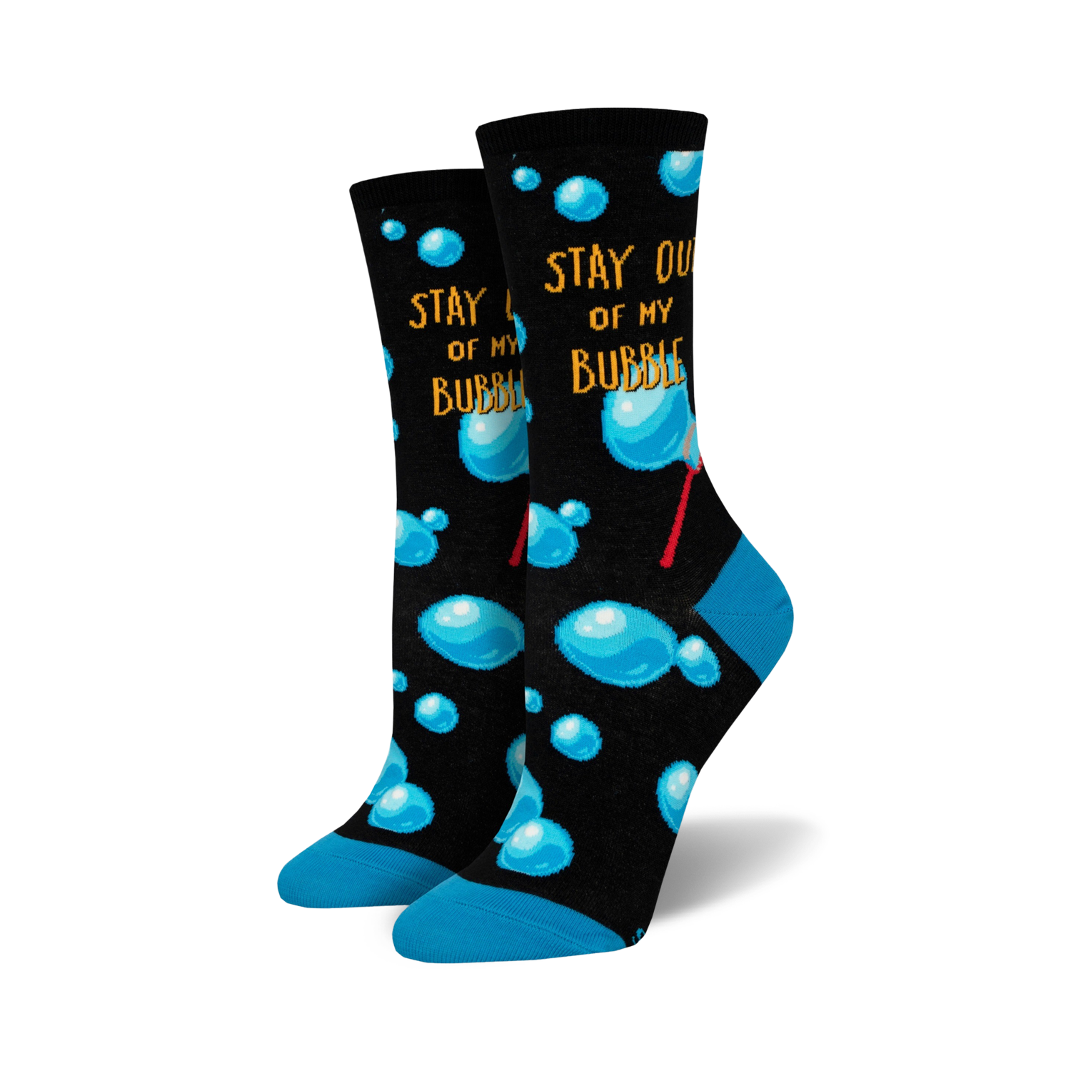 Pair of crew socks with a black background, light-blue bubbles, and the phrase 'Stay Out Of My Bubble'.