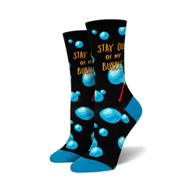 women's stay out of my bubble crew socks. sassy bubble pattern with 'stay out of my bubble' text. great for adding sass to your sock game.    
