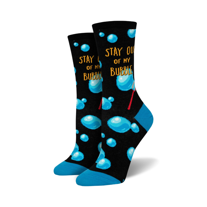 women's stay out of my bubble crew socks. sassy bubble pattern with 'stay out of my bubble' text. great for adding sass to your sock game.     }}