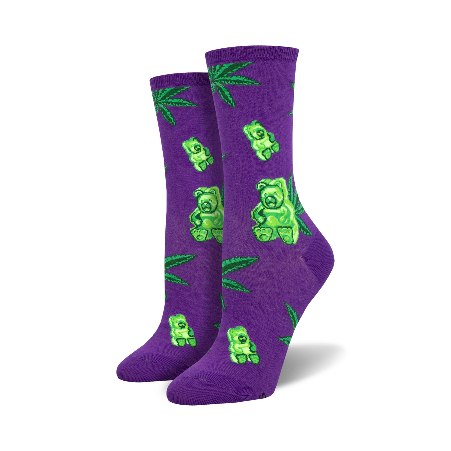 Pair of women's crew socks. Purple socks showcase green gummy bears and marijuana leaves. Black socks show the same design on a black background.