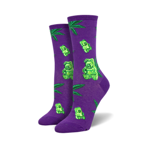 purple crew socks with green gummy bear and marijuana leaf pattern. perfect for women who love weed.   